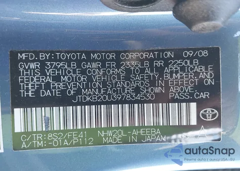 2009 Toyota Prius из США, поврежденный, VIN JTDKB20U397834530